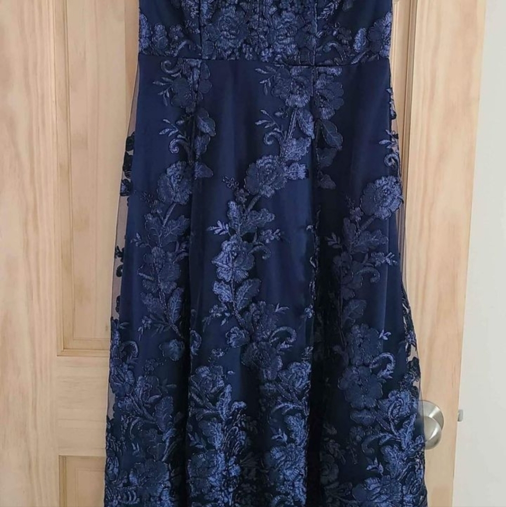 Navy blue dress with lace overlay